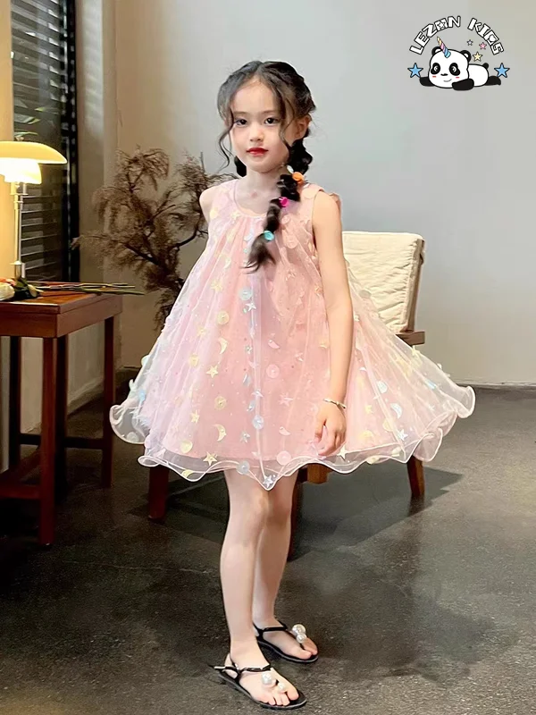 LEZONKIDS - 2024 New Fashion Summer Sleeveless Girls Dresses 2-12 Children Clothing Tulle Frocks Girls
